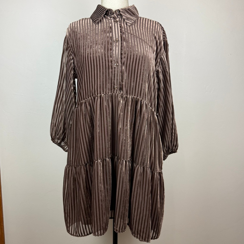 Maeve Bettina Tiered Mini Dress Women M Brown Metallic Stripe Boho Shimmer Flowy